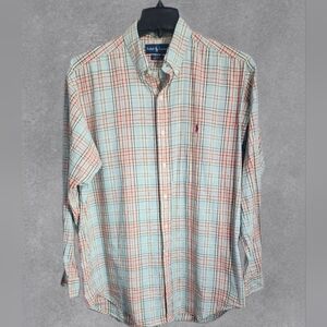 Ralph Lauren blake 100% cotton button down light blue with red/tan plaid Size L